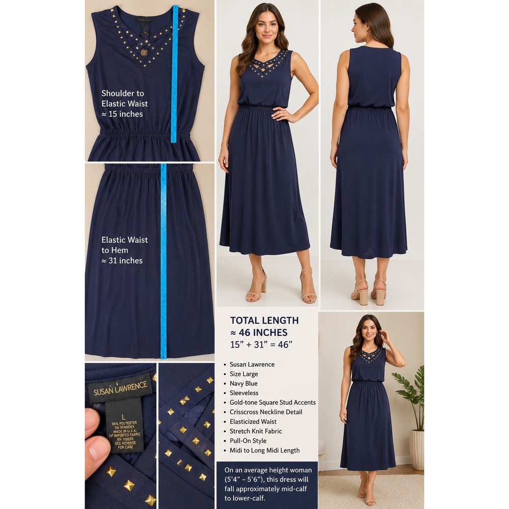Susan Lawrence Navy Blue Studded Crisscross Neck Sleeveless Midi Dress Large